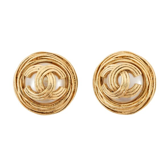 CHANEL Gold Pearl Logo Earrings